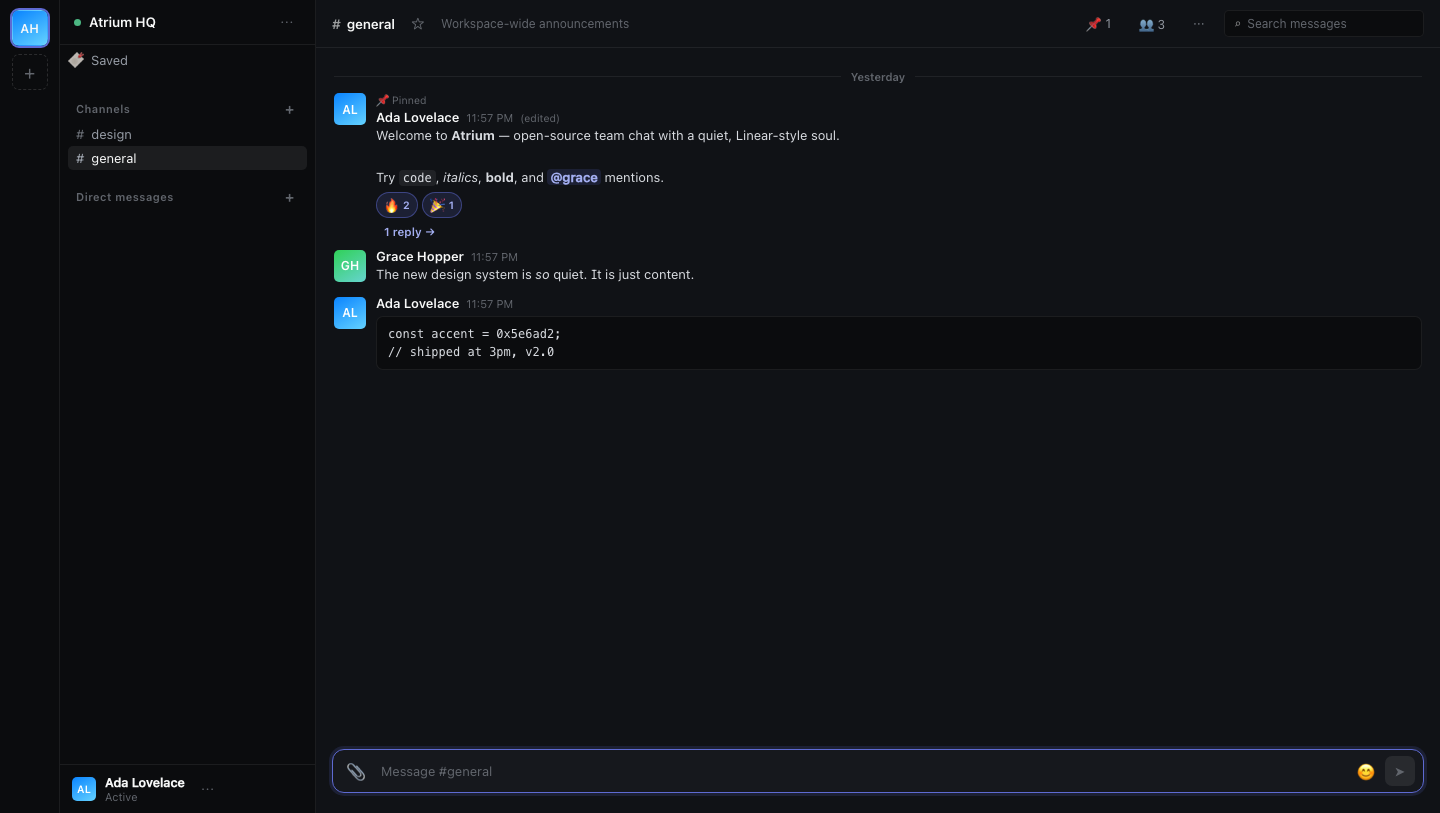 Atrium in dark Linear style: sidebar with channels, messages with reactions and threads, code block, and composer